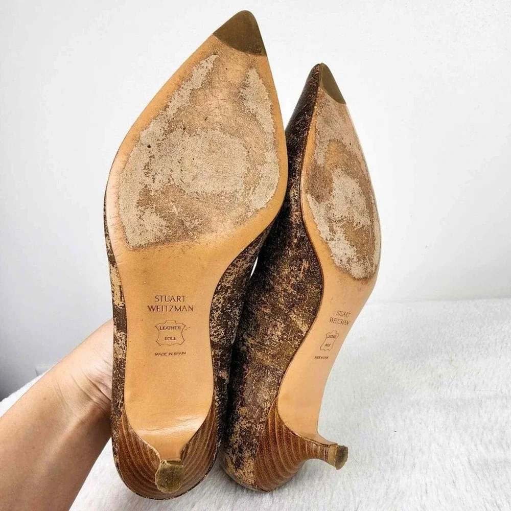 STUART WEITZMAN Brown Tan Distressed Leather Pointed Toe Kitten Heels‎ Shoes 7